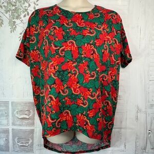 LuLaRoe Irma Green Red Paisley Hi Lo Hem Relaxed Casual Tunic Shirt Top Small S